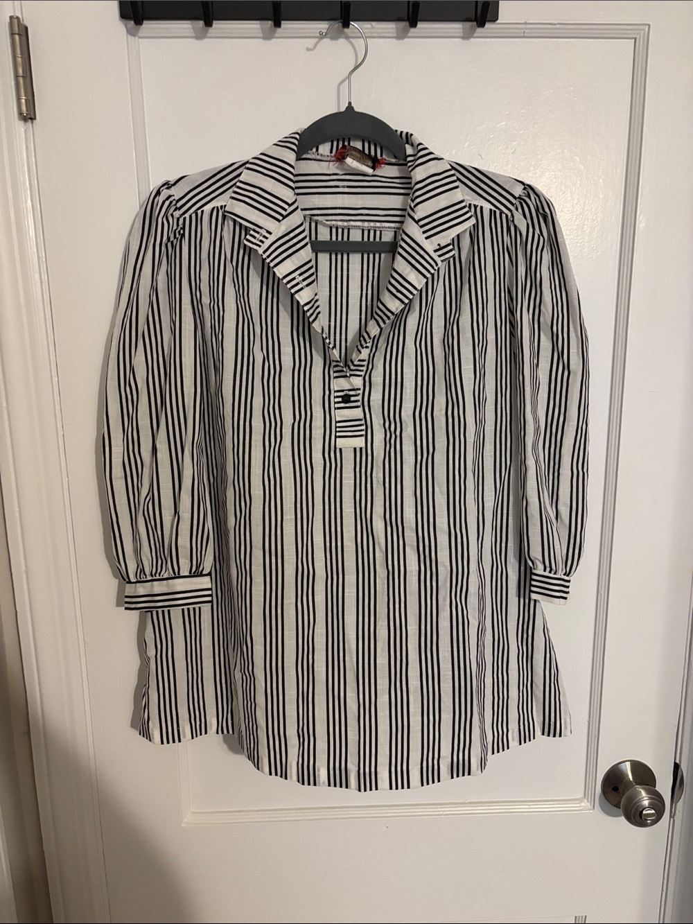 Black and White Striped Maternity Women's Button-Front Blouse